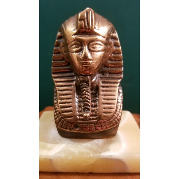 Vintage Egyptian Souvenir Tutankhamun King Tut Bronze Bust w/ Marble Base - Picture 2 of 6